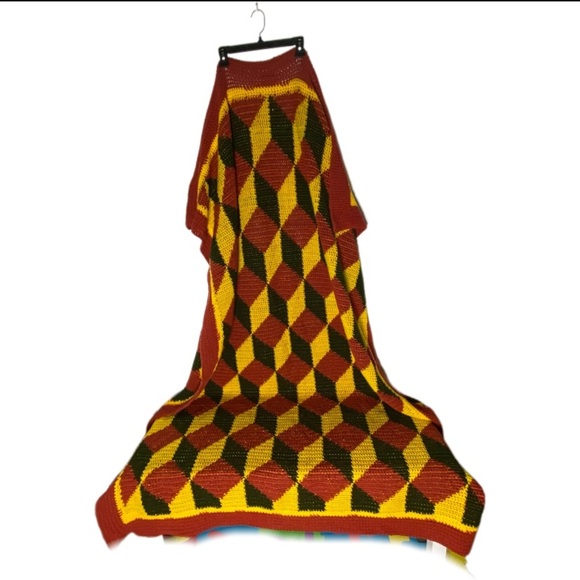 Vintage Handmade Red Yellow Green Geometric Pattern Crochet Afghan Blanket - Picture 3 of 12